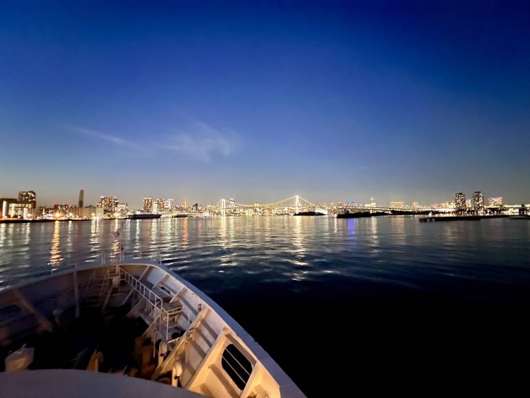 Dusk view from front of Tokyo Bay cruise boat