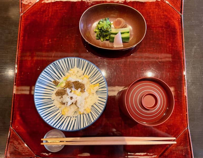 Tray of rice and pickles